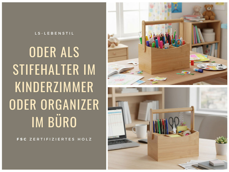 Holz Besteckhalter 22cm Braun 4 Fächer mit Griff Cutlery Besteckkorb Stiftebox