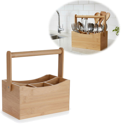 KI-generiertes Bild Holz Besteckhalter 22cm Braun 4 Fächer mit Griff Cutlery Besteckkorb Stiftebox