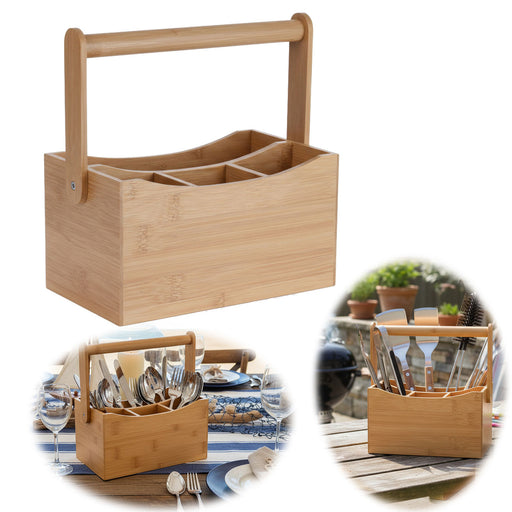 Holz Besteckhalter 22cm Braun 4 Fächer mit Griff Cutlery Besteckkorb Stiftebox