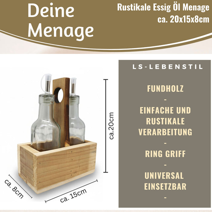 KI-generiertes Bild,Holz Menage Essig- und Ölspender Set 2x Ölflasche Ausgießer Olivenöl Vinaigrette