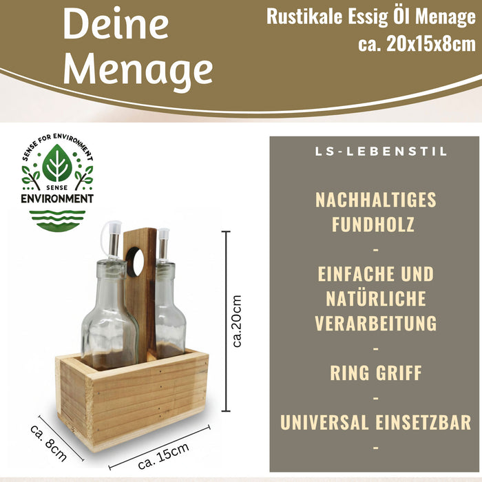 Holz Menage Essig- und Ölspender Set 2x Ölflasche Ausgießer Olivenöl Vinaigrette