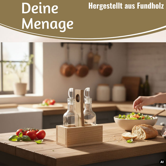 KI-generiertes Bild,Holz Menage Essig- und Ölspender Set 2x Ölflasche Ausgießer Olivenöl Vinaigrette