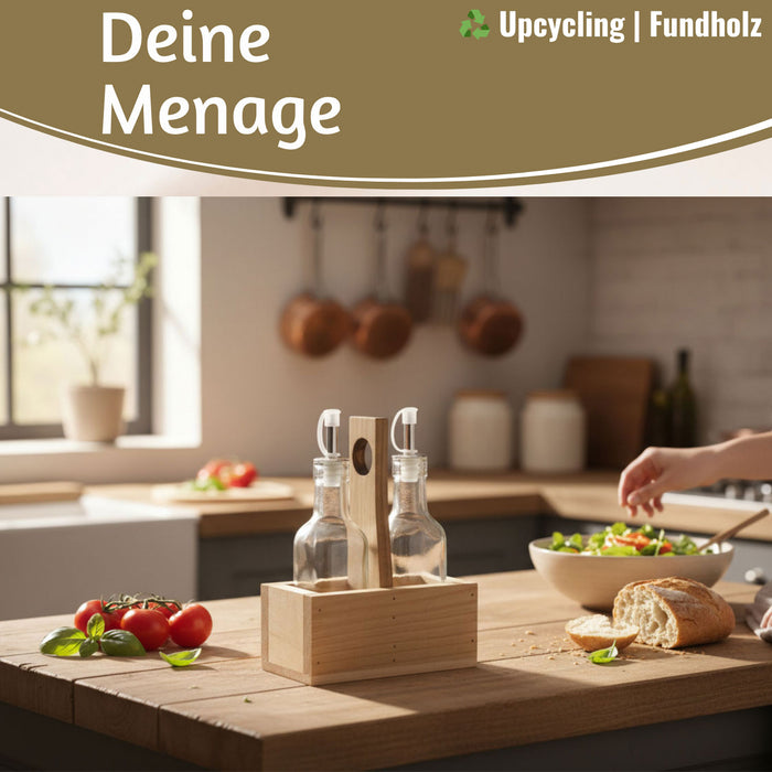 Holz Menage Essig- und Ölspender Set 2x Ölflasche Ausgießer Olivenöl Vinaigrette