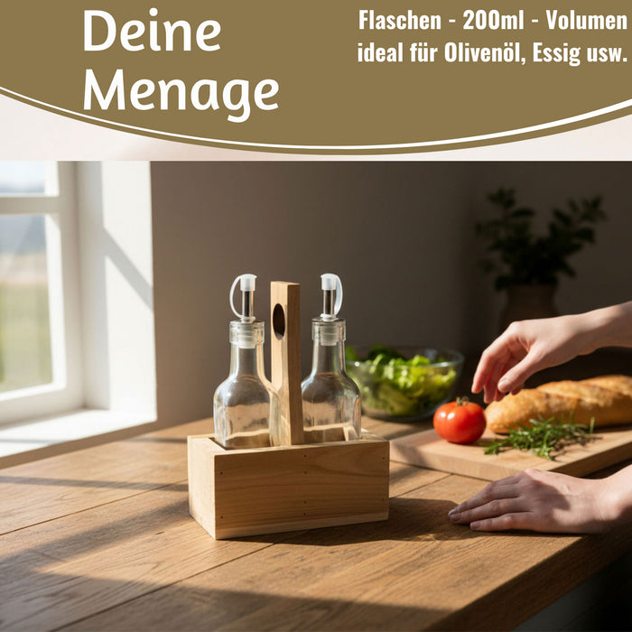 Holz Menage Essig- und Ölspender Set 2x Ölflasche Ausgießer Olivenöl Vinaigrette