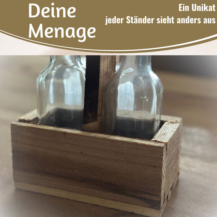 Holz Menage Essig- und Ölspender Set 2x Ölflasche Ausgießer Olivenöl Vinaigrette