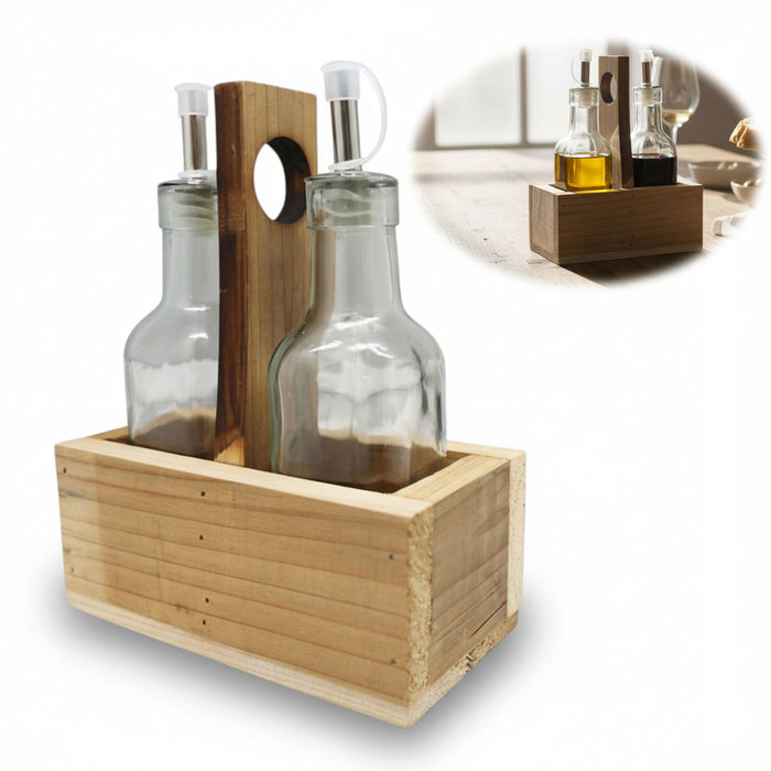KI-generiertes Bild Holz Menage Essig- und Ölspender Set 2x Ölflasche Ausgießer Olivenöl Vinaigrette