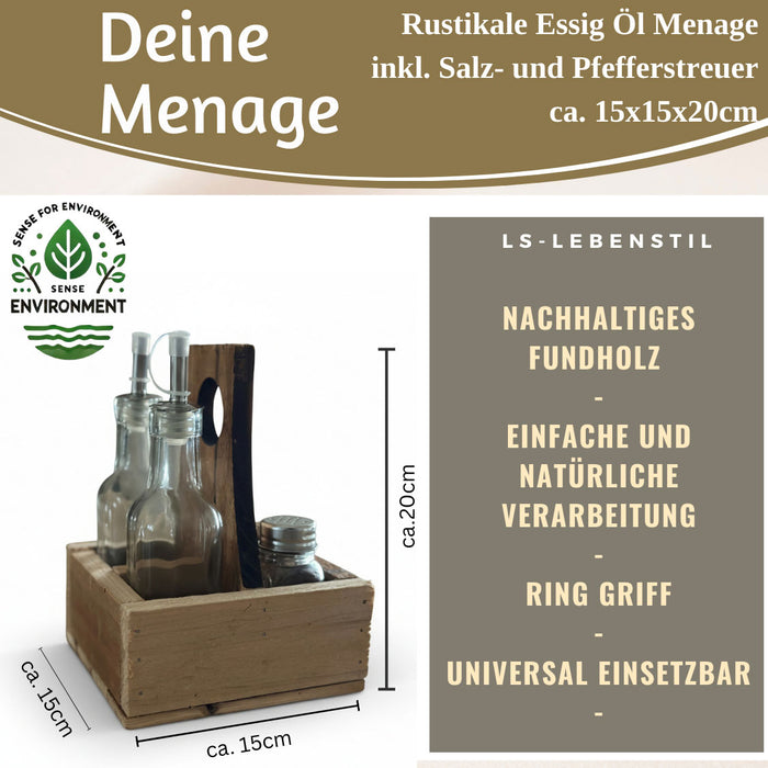 Holz Menage Essig- und Ölspender Set Salz- Pfefferstreuer 2x Ölflasche Ausgießer