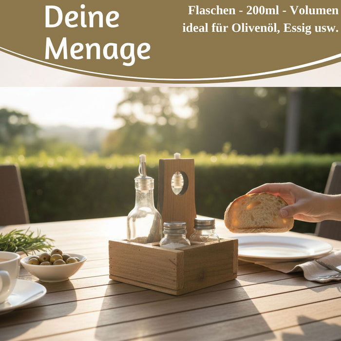 Holz Menage Essig- und Ölspender Set Salz- Pfefferstreuer 2x Ölflasche Ausgießer