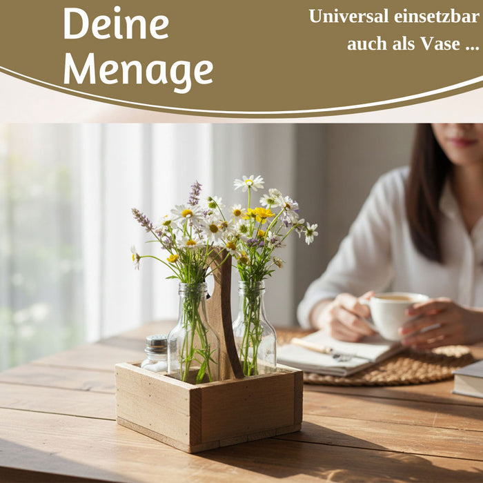 Holz Menage Essig- und Ölspender Set Salz- Pfefferstreuer 2x Ölflasche Ausgießer