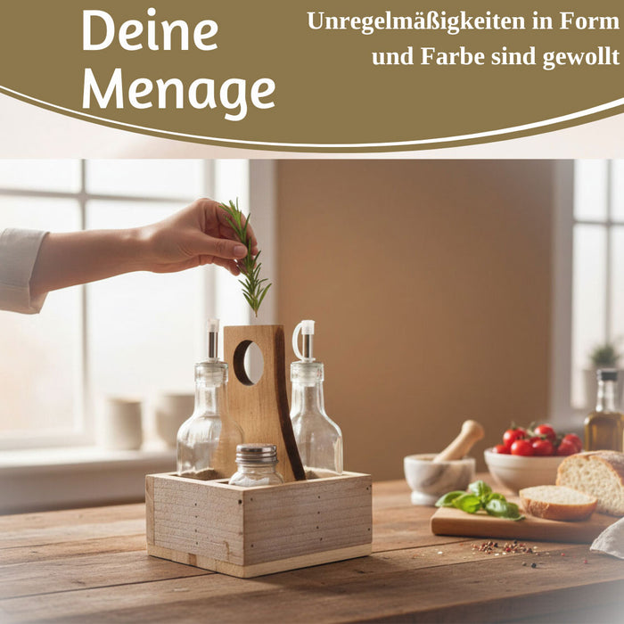 Holz Menage Essig- und Ölspender Set Salz- Pfefferstreuer 2x Ölflasche Ausgießer
