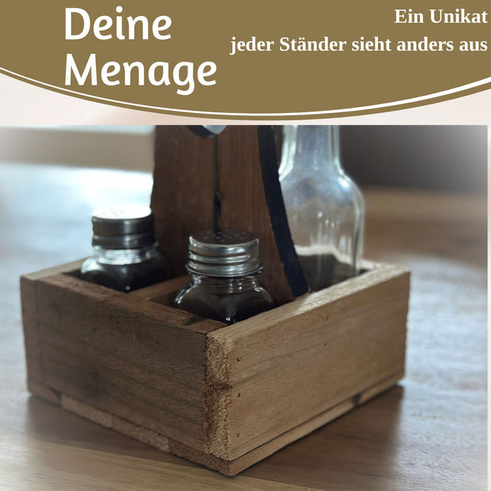 Holz Menage Essig- und Ölspender Set Salz- Pfefferstreuer 2x Ölflasche Ausgießer