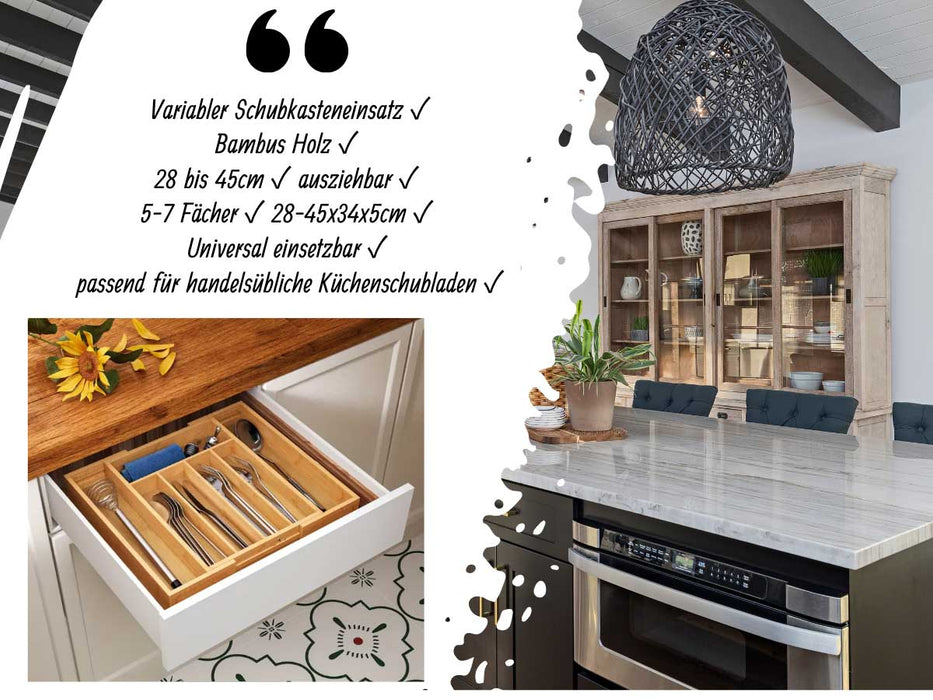 Holz Schubladeneinsatz Besteckkasten 28-45cm ausziehbar Besteckbox Organizer