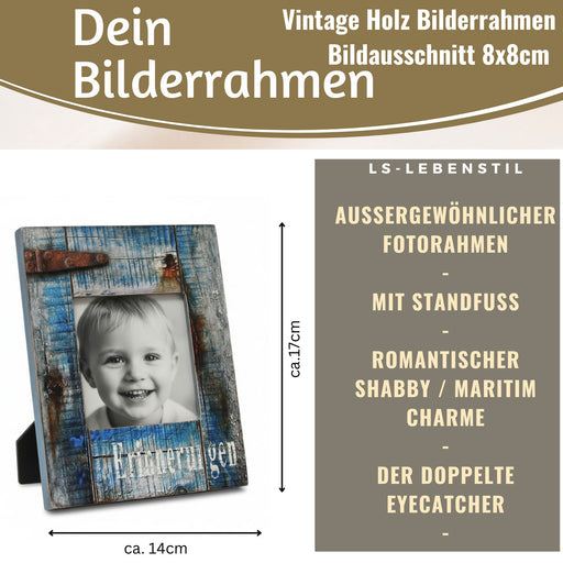 Vintage Holz Bilderrahmen 17x14cm Maritim Erinnerungen Blau Aufsteller Fotorahmen