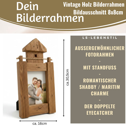 Vintage Holz Bilderrahmen 30cm Leuchtturm Braun Maritim Aufsteller Fotorahmen