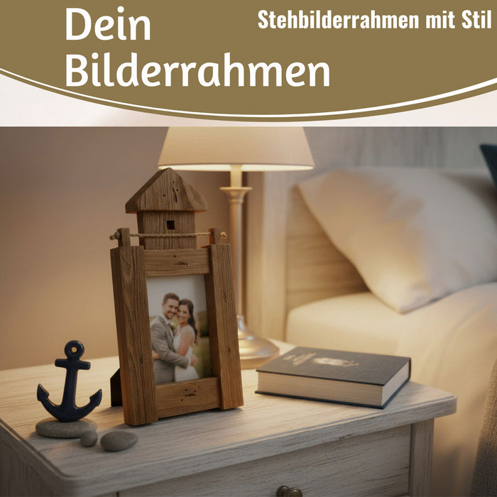 Vintage Holz Bilderrahmen 30cm Leuchtturm Braun Maritim Aufsteller Fotorahmen