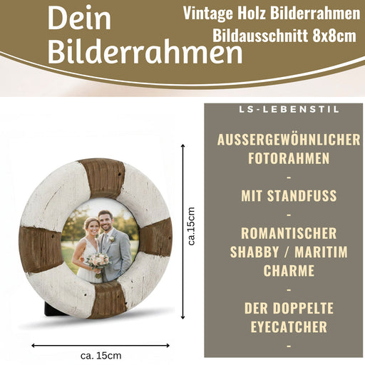 Vintage Holz Bilderrahmen 15cm Rund Maritim Steuerrad Aufsteller Fotorahmen