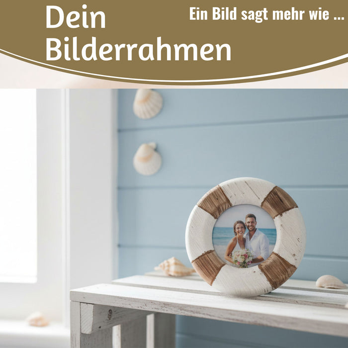 Vintage Holz Bilderrahmen 15cm Rund Maritim Steuerrad Aufsteller Fotorahmen