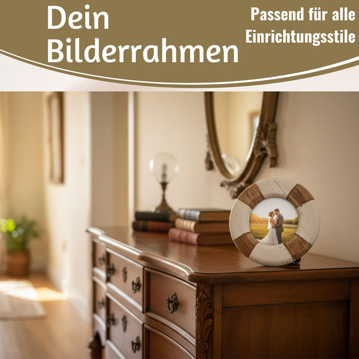 Vintage Holz Bilderrahmen 15cm Rund Maritim Steuerrad Aufsteller Fotorahmen
