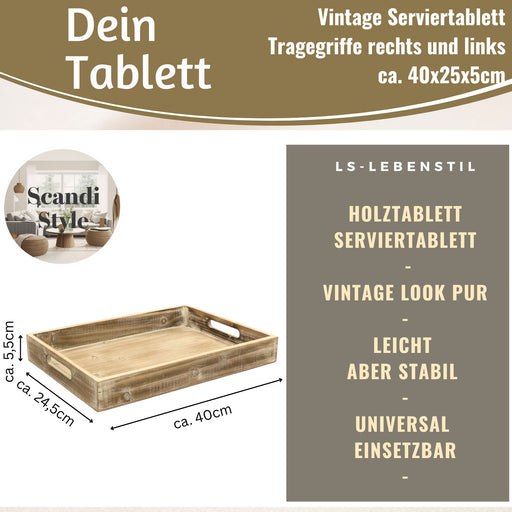 Vintage Serviertablett 40x25x5cm Grau Braun gekalkt Holz Tablett Griff Deko