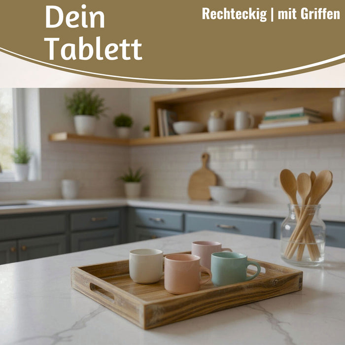 Vintage Serviertablett 40x25x5cm Grau Braun gekalkt Holz Tablett Griff Deko