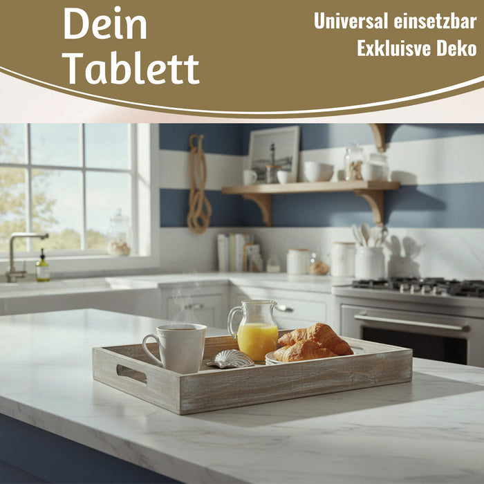Vintage Serviertablett 40x25x5cm Grau Braun gekalkt Holz Tablett Griff Deko