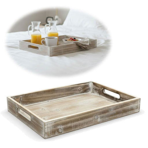 Vintage Serviertablett 40x25x5cm Grau Braun gekalkt Holz Tablett Griff Deko