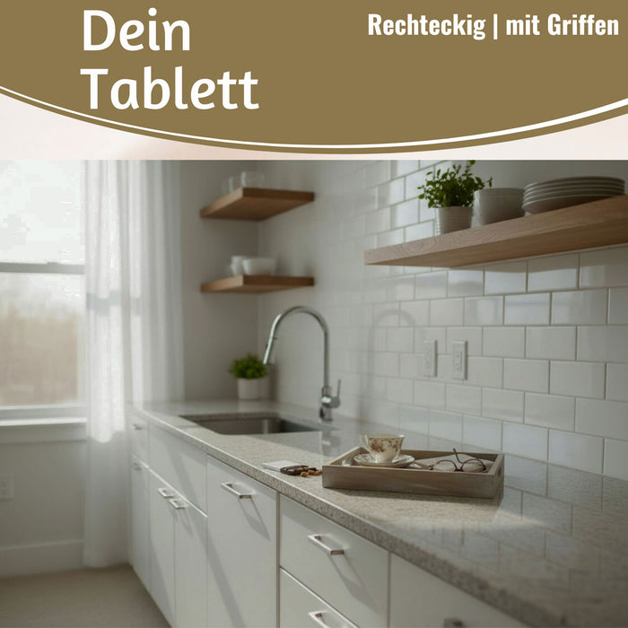 Vintage Serviertablett 30x20x5cm Grau Braun gekalkt Holz Tablett Griff Deko