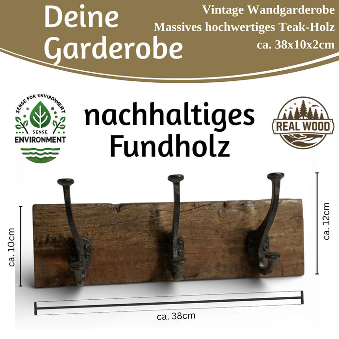 Vintage Teak Holz Wandgarderobe 38cm 3/6 Haken Jackenhalter Braun Garderobenleiste
