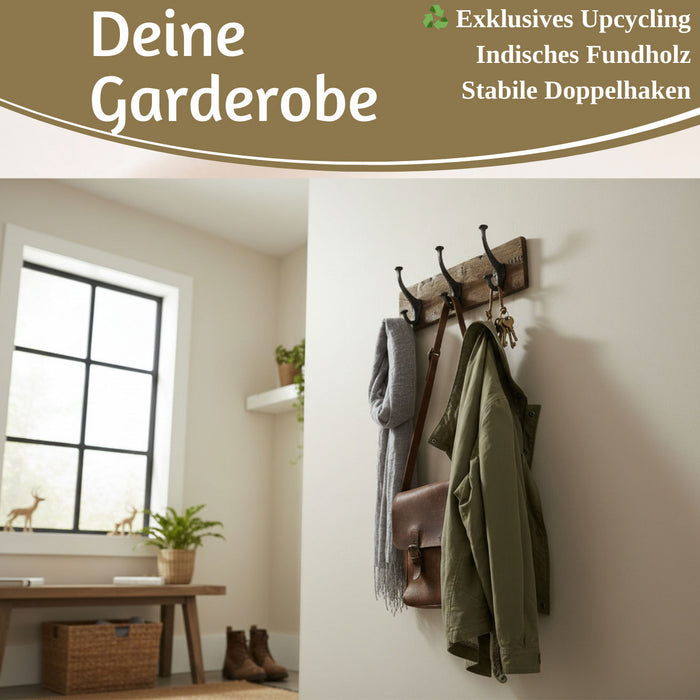 Vintage Teak Holz Wandgarderobe 38cm 3/6 Haken Jackenhalter Braun Garderobenleiste