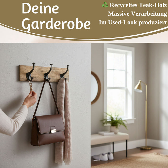 Vintage Teak Holz Wandgarderobe 38cm 3/6 Haken Jackenhalter Braun Garderobenleiste