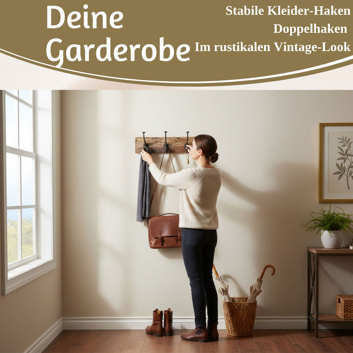 Vintage Teak Holz Wandgarderobe 38cm 3/6 Haken Jackenhalter Braun Garderobenleiste