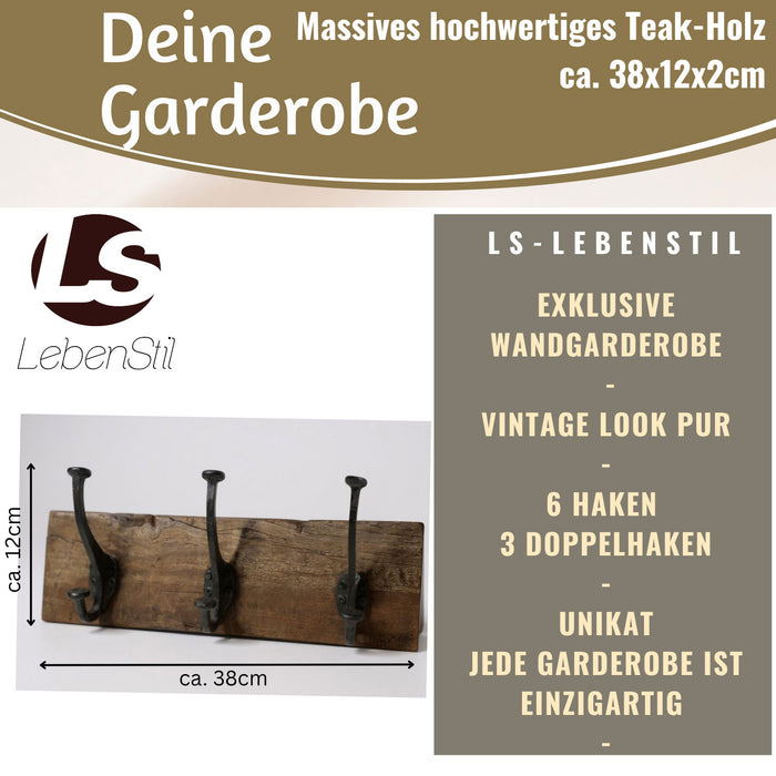 KI-generiertes Bild,Vintage Teak Holz Wandgarderobe 38cm 3/6 Haken Jackenhalter Braun Garderobenleiste
