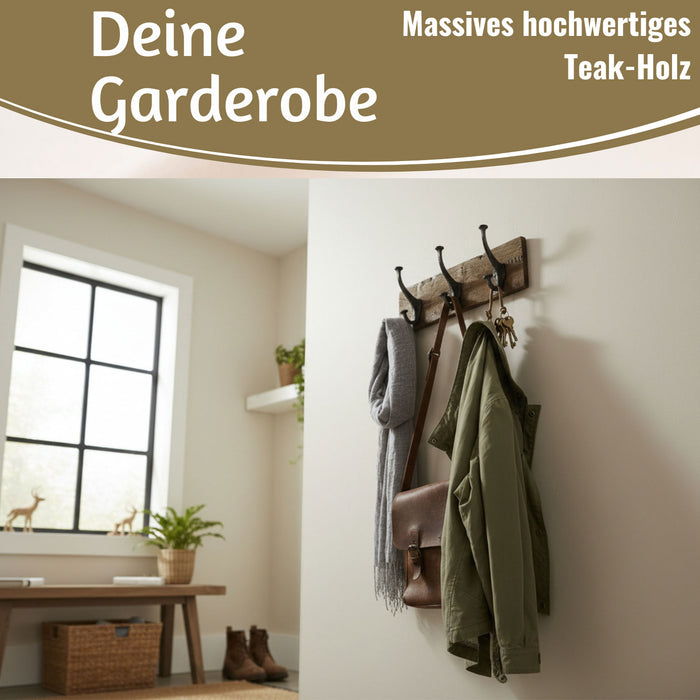 KI-generiertes Bild,Vintage Teak Holz Wandgarderobe 38cm 3/6 Haken Jackenhalter Braun Garderobenleiste