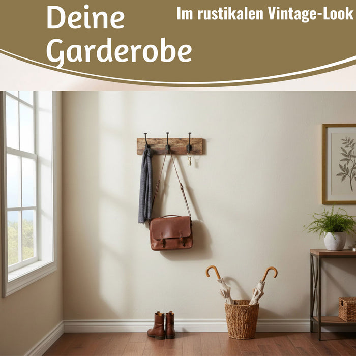 KI-generiertes Bild,Vintage Teak Holz Wandgarderobe 38cm 3/6 Haken Jackenhalter Braun Garderobenleiste