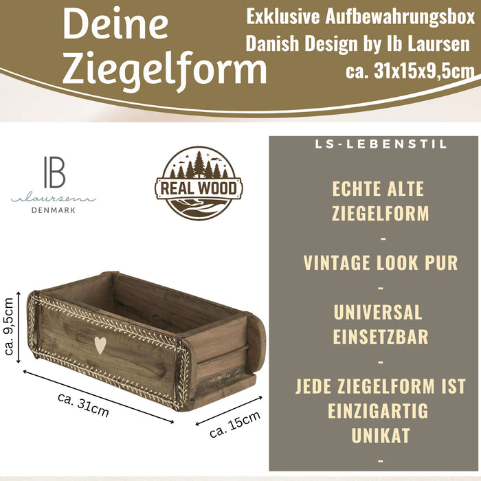 KI-generiertes Bild,Holz Ziegelform Unika 31x15cm Herz Braun alte Backsteinform Cutlery Deko
