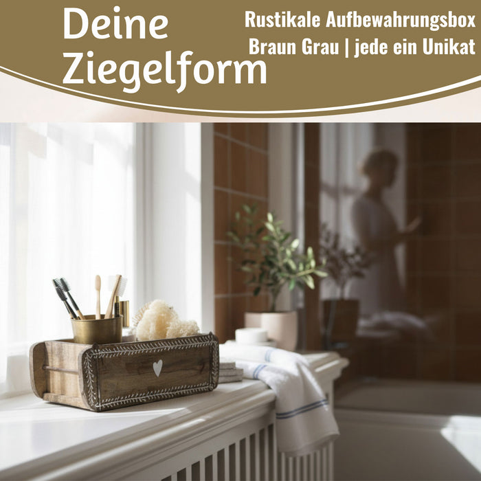 KI-generiertes Bild,Holz Ziegelform Unika 31x15cm Herz Braun alte Backsteinform Cutlery Deko