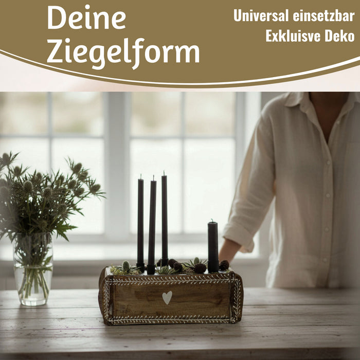 KI-generiertes Bild,Holz Ziegelform Unika 31x15cm Herz Braun alte Backsteinform Cutlery Deko