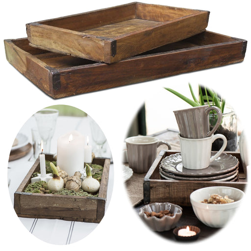Vintage Holz Serviertablett Unika Set 2-fach Braun Deko Kerzentablett Ib Laursen