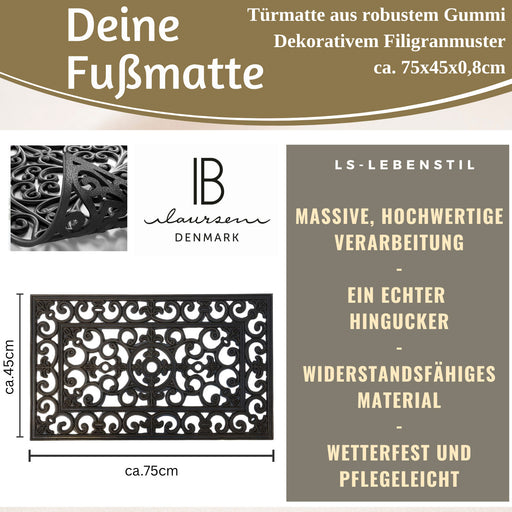 Türmatte Fußmatte Gummi Filigran 75x45cm Schwarz Fußabtreter Türvorleger