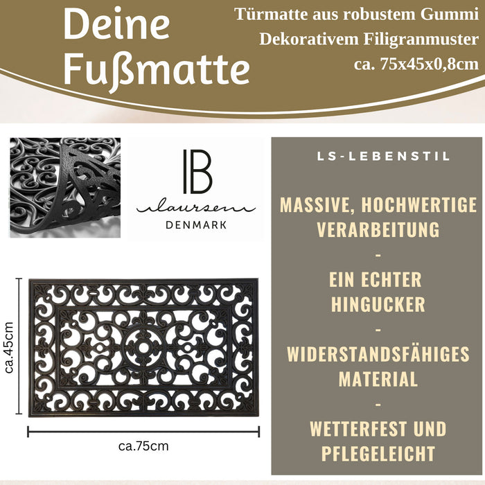 Türmatte Fußmatte Gummi Filigran 75x45cm Schwarz Fußabtreter Türvorleger