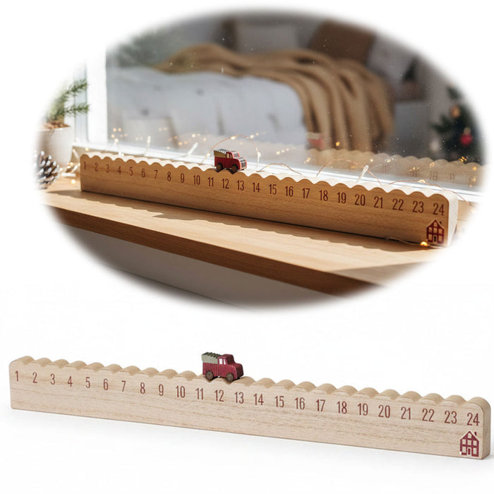 KI-generiertes Bild Vintage Holz Adventskalender fahrendes Weihnachtsauto 50cm Countdown Xmas Deko