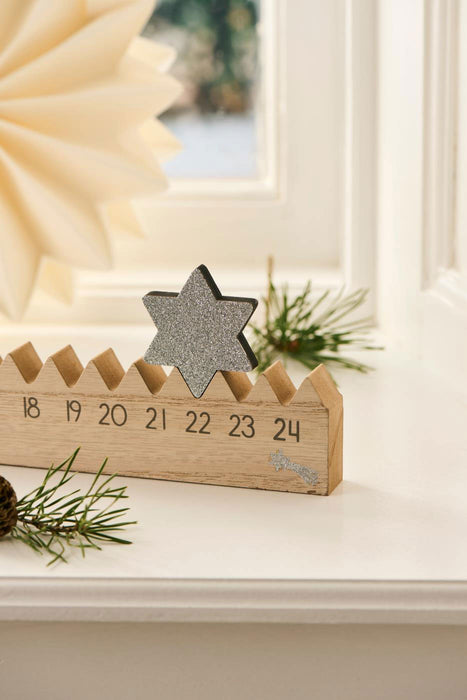 Vintage Holz Adventskalender gehender Stern Silber glänzend 50cm Countdown Xmas Deko