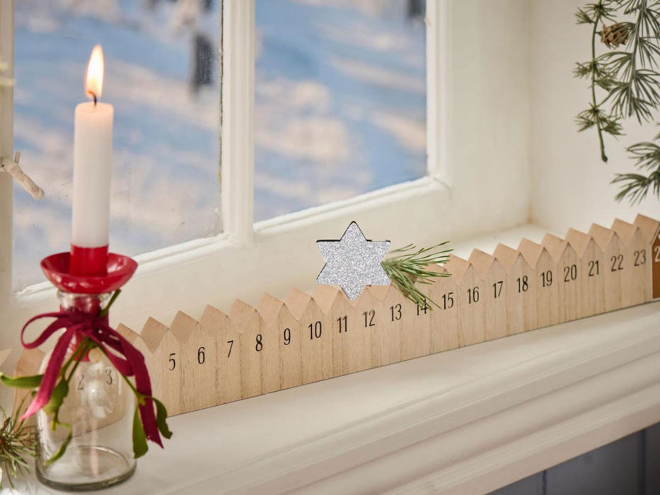 Vintage Holz Adventskalender gehender Stern Silber glänzend 50cm Countdown Xmas Deko