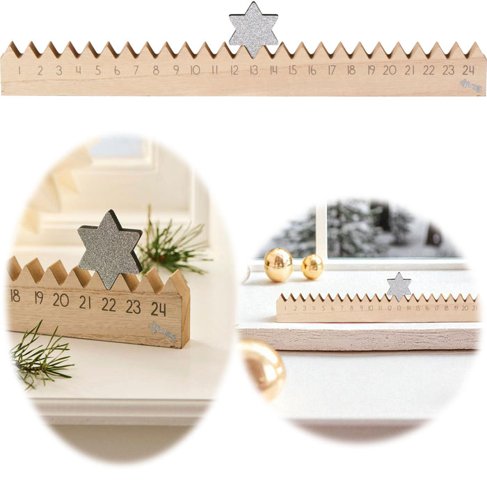 Vintage Holz Adventskalender gehender Stern Silber glänzend 50cm Countdown Xmas Deko