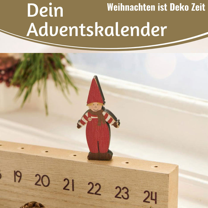 KI-generiertes Bild,Vintage Holz Adventskalender gehendes Wichtelmännchen 50cm Countdown Xmas Deko