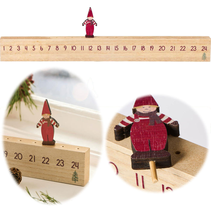 KI-generiertes Bild Vintage Holz Adventskalender gehendes Wichtelmännchen 50cm Countdown Xmas Deko