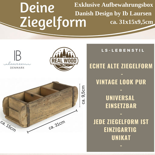 IB Laursen Holz Ziegelform Unika 31x9cm Braun 3-fach alte Backsteinform Cutlery Deko