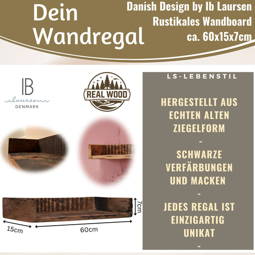 KI-generiertes Bild,IB Laursen Holz Ziegelform Wandregal 60cm Braun Küchenregal Bücherregal Wandboard