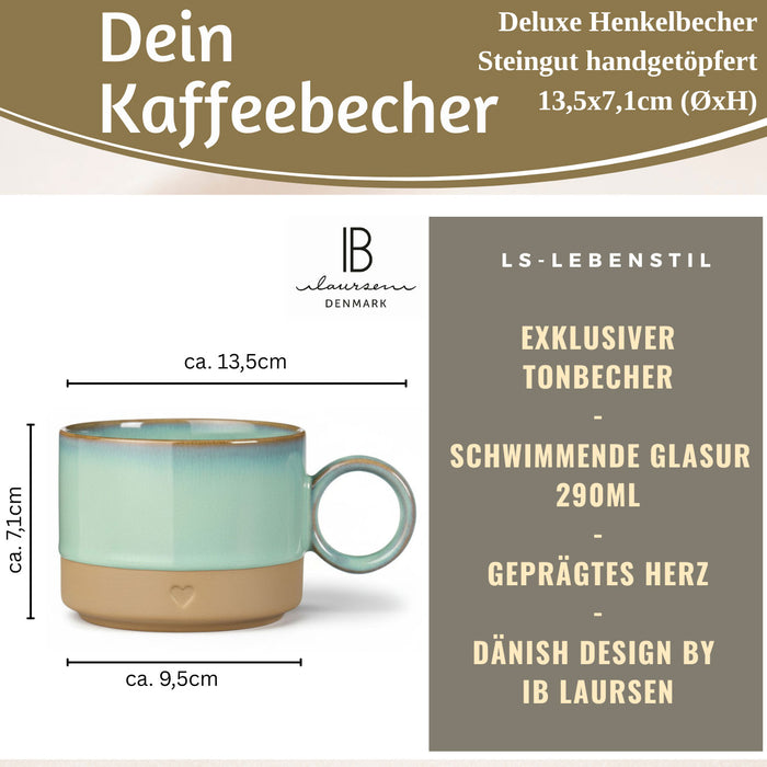 Steingut Tontasse Kaffeebecher 290ml Aqua Herz Tonbecher Henkelbecher Kaffeetasse