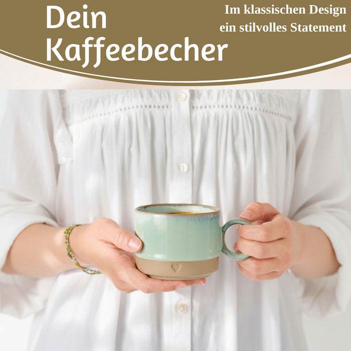 Steingut Tontasse Kaffeebecher 290ml Aqua Herz Tonbecher Henkelbecher Kaffeetasse
